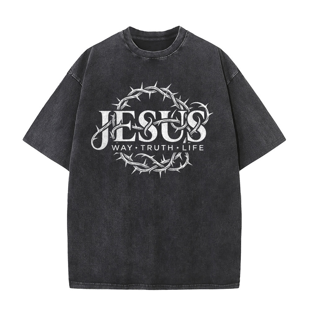 Christianartworkshop T-shirt unisexe délavé avec motif circulaire « Le Chemin de Jésus, la Vérité, la Vie et la Couronne d'épines » - image 2