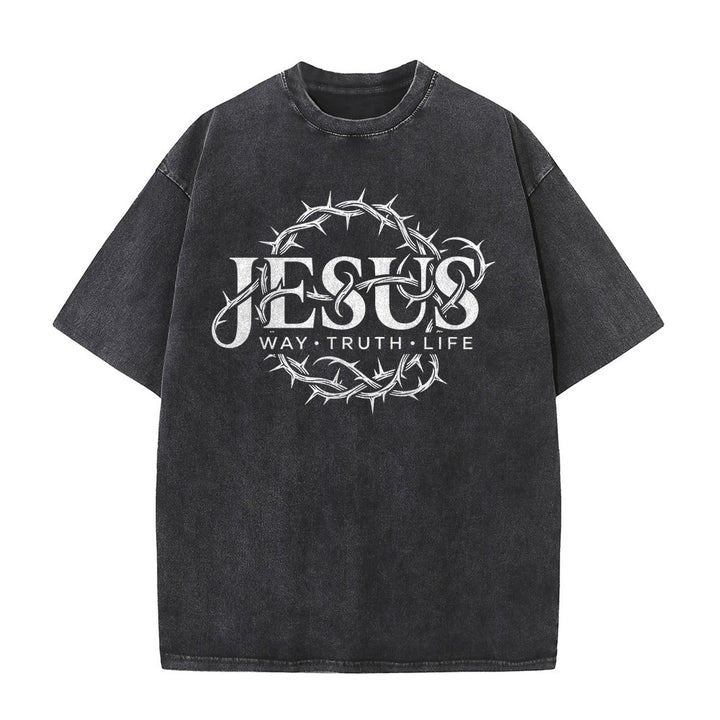 Christianartworkshop T-shirt unisexe délavé avec motif circulaire « Le Chemin de Jésus, la Vérité, la Vie et la Couronne d'épines » - image 2