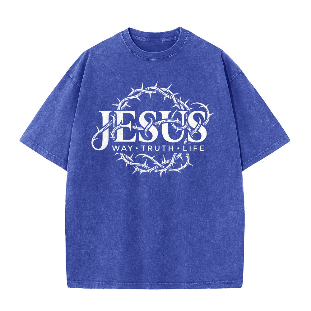 Christianartworkshop T-shirt unisexe délavé avec motif circulaire « Le Chemin de Jésus, la Vérité, la Vie et la Couronne d'épines » - image 26