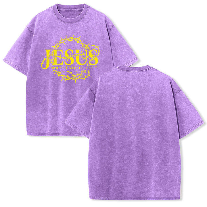 Christianartworkshop T-shirt unisexe délavé avec motif circulaire « Le Chemin de Jésus, la Vérité, la Vie et la Couronne d'épines » - Violet - 5XL - image 22