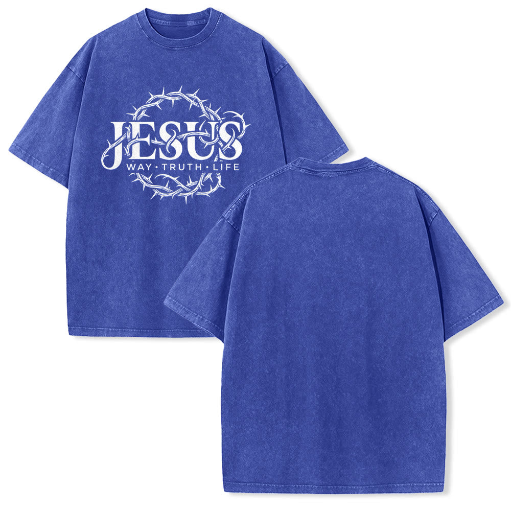 Christianartworkshop T-shirt unisexe délavé avec motif circulaire « Le Chemin de Jésus, la Vérité, la Vie et la Couronne d'épines » - Bleu - 5XL - image 25
