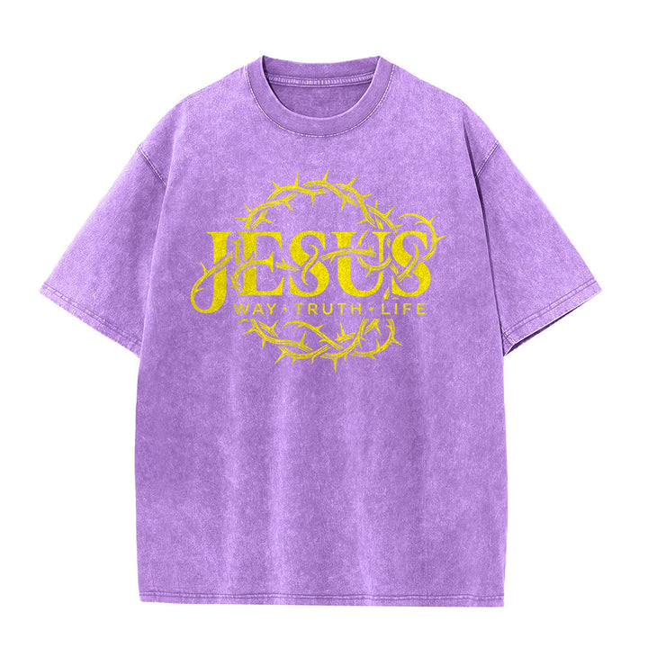 Christianartworkshop T-shirt unisexe délavé avec motif circulaire « Le Chemin de Jésus, la Vérité, la Vie et la Couronne d'épines » - image 23