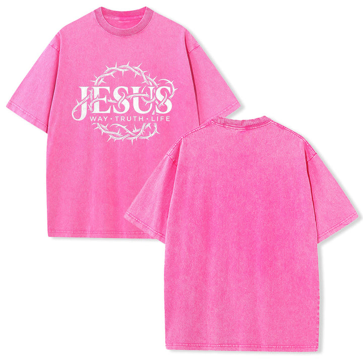 Christianartworkshop T-shirt unisexe délavé avec motif circulaire « Le Chemin de Jésus, la Vérité, la Vie et la Couronne d'épines » - Rose - 5XL - image 19