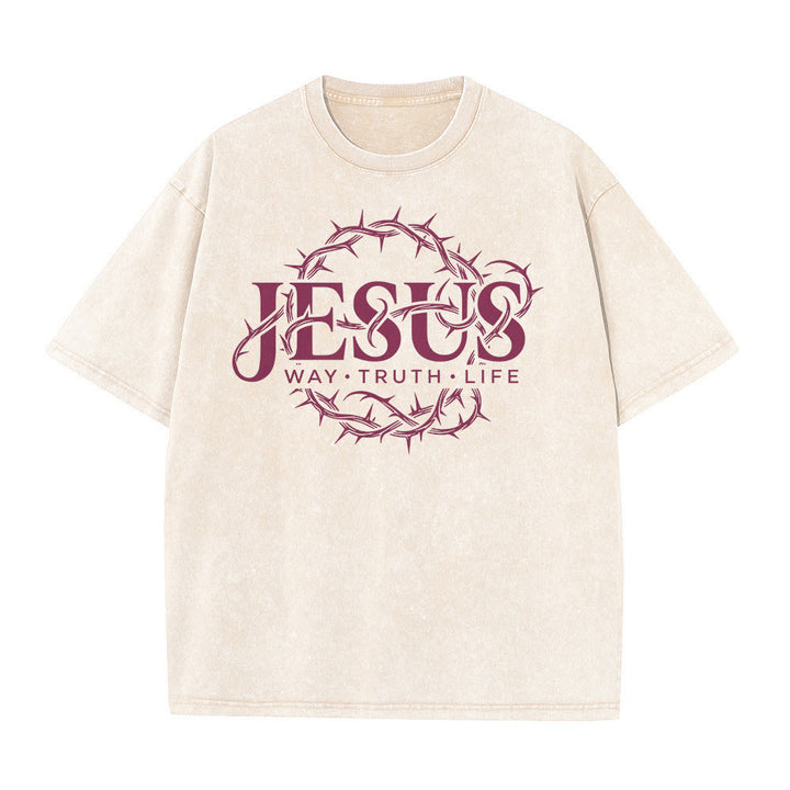 Christianartworkshop T-shirt unisexe délavé avec motif circulaire « Le Chemin de Jésus, la Vérité, la Vie et la Couronne d'épines » - image 17