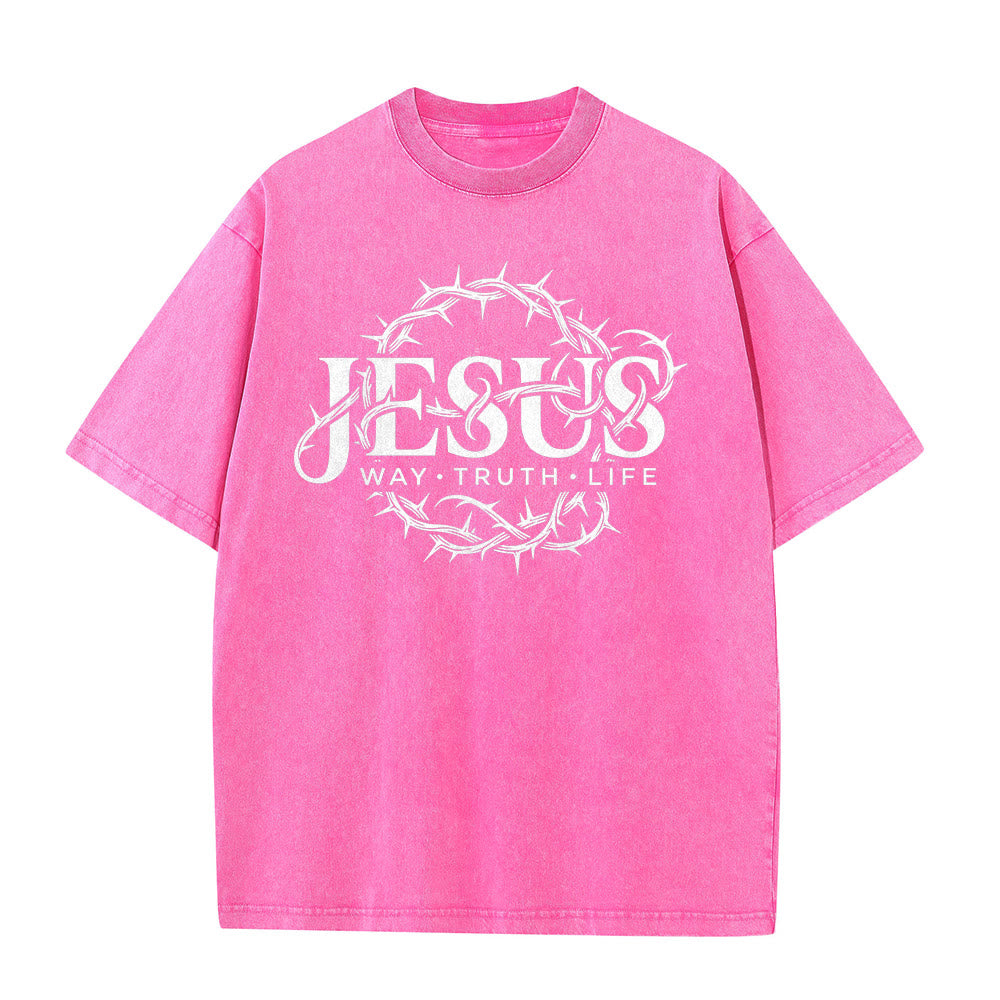 Christianartworkshop T-shirt unisexe délavé avec motif circulaire « Le Chemin de Jésus, la Vérité, la Vie et la Couronne d'épines » - image 20