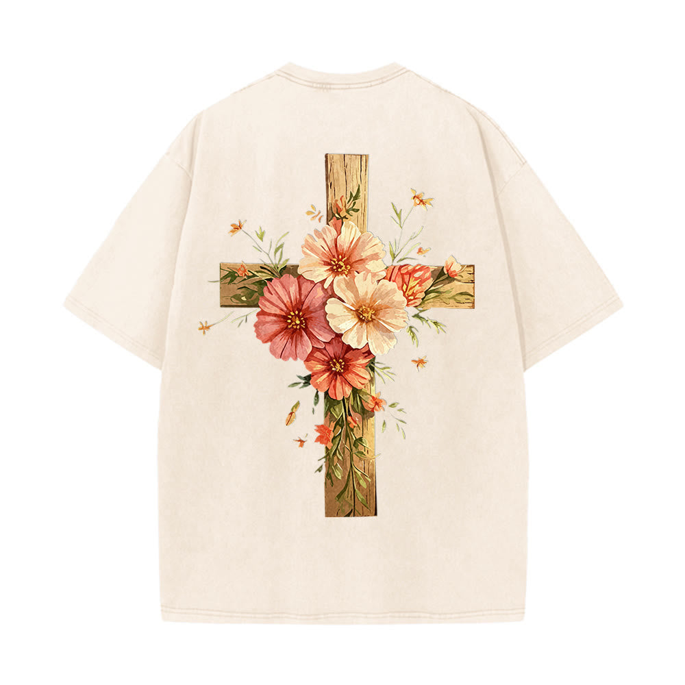 Christianartworkshop T-shirt unisexe délavé avec motif floral et croix double face « Jésus est la lumière » - image 18