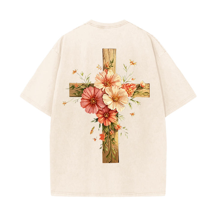 Christianartworkshop T-shirt unisexe délavé avec motif floral et croix double face « Jésus est la lumière » - image 18