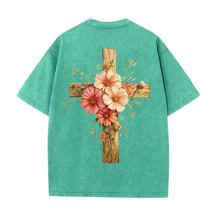Christianartworkshop T-shirt unisexe délavé avec motif floral et croix double face « Jésus est la lumière » - image 12