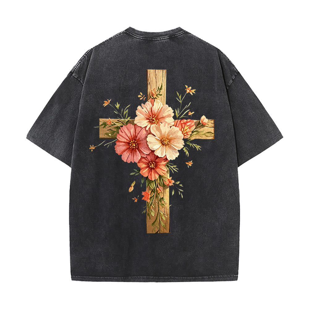 Christianartworkshop T-shirt unisexe délavé avec motif floral et croix double face « Jésus est la lumière » - image 3