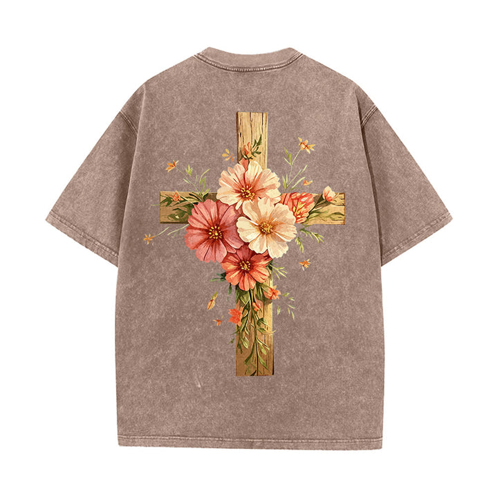 Christianartworkshop T-shirt unisexe délavé avec motif floral et croix double face « Jésus est la lumière » - image 15