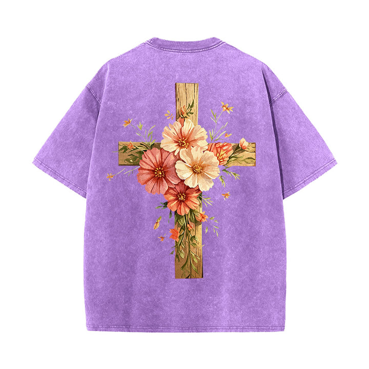 Christianartworkshop T-shirt unisexe délavé avec motif floral et croix double face « Jésus est la lumière » - image 24