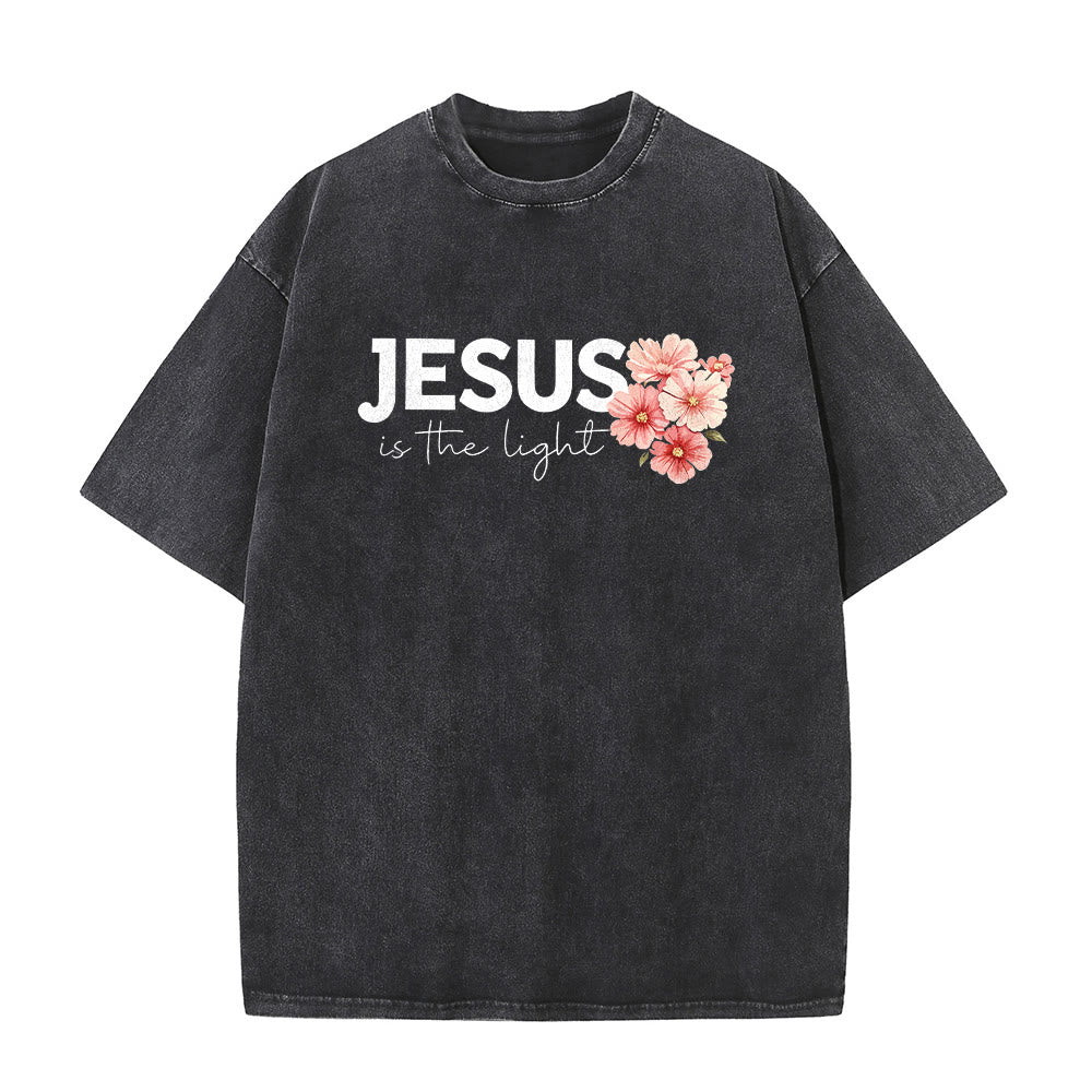 Christianartworkshop T-shirt unisexe délavé avec motif floral et croix double face « Jésus est la lumière » - image 2