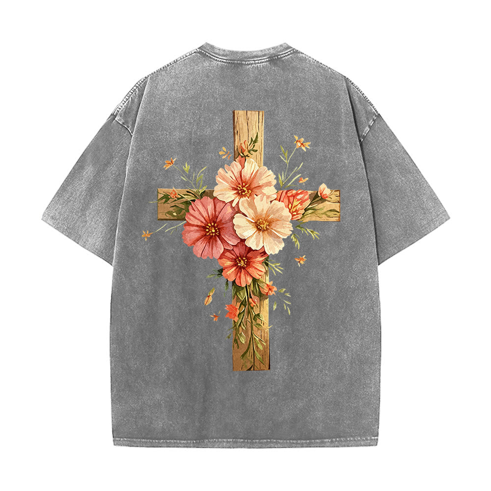 Christianartworkshop T-shirt unisexe délavé avec motif floral et croix double face « Jésus est la lumière » - image 6