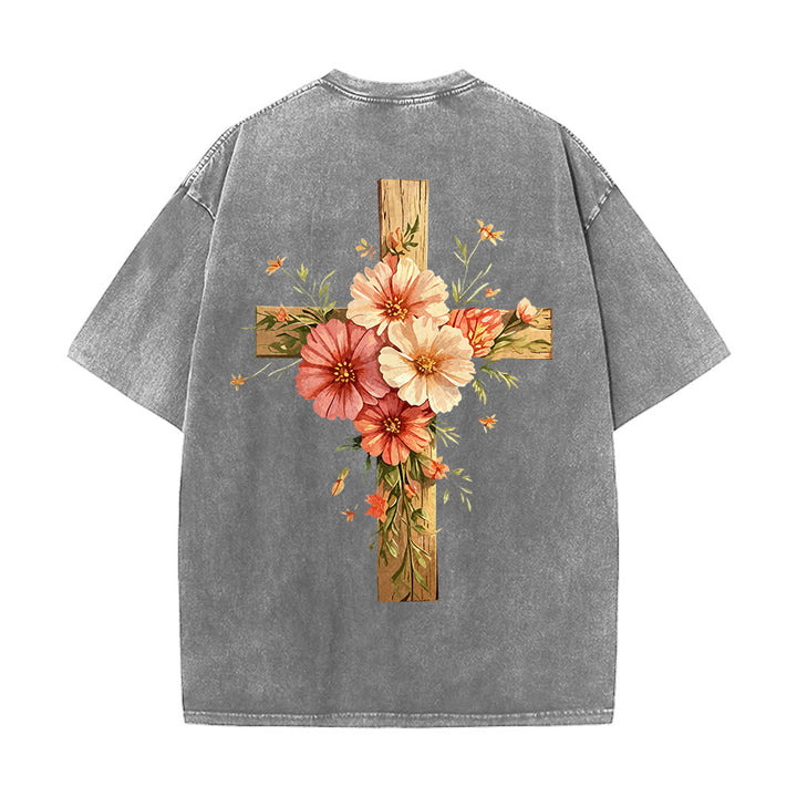 Christianartworkshop T-shirt unisexe délavé avec motif floral et croix double face « Jésus est la lumière » - image 6