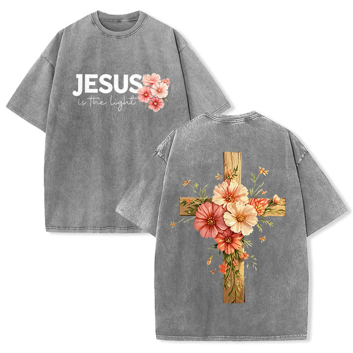 Christianartworkshop T-shirt unisexe délavé avec motif floral et croix double face « Jésus est la lumière » - Gris - 5XL - image 4