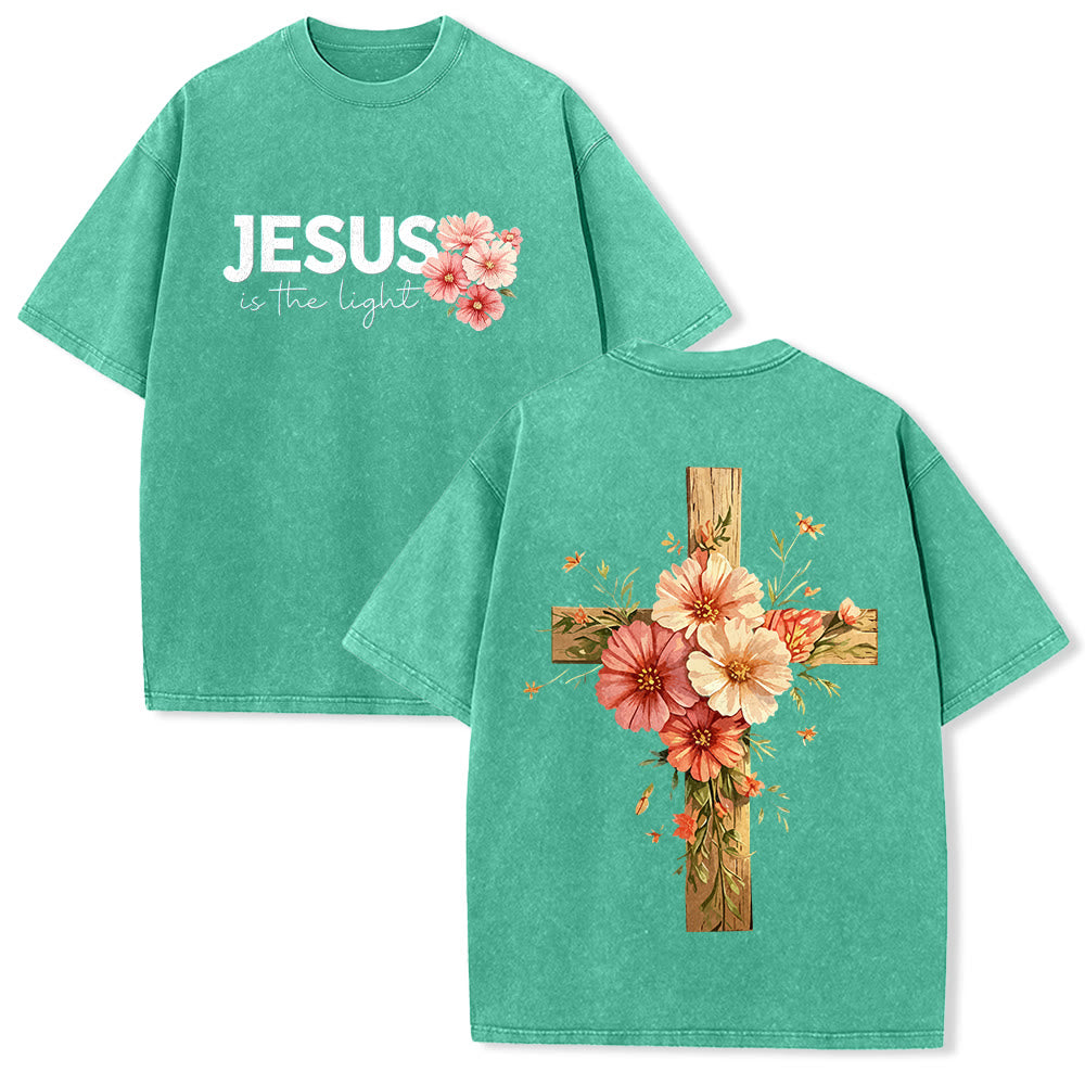 Christianartworkshop T-shirt unisexe délavé avec motif floral et croix double face « Jésus est la lumière » - Vert - 5XL - image 10