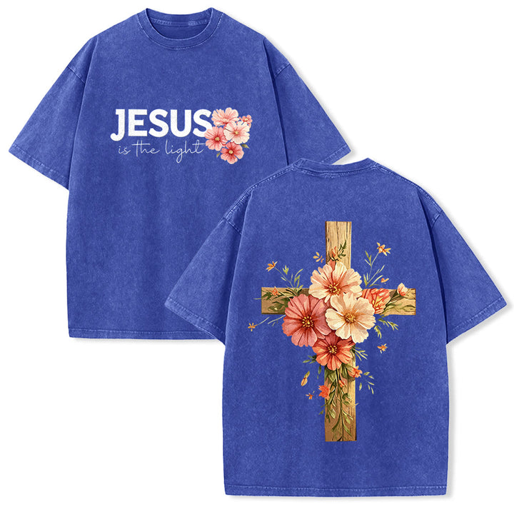 Christianartworkshop T-shirt unisexe délavé avec motif floral et croix double face « Jésus est la lumière » - Bleu - 5XL - image 25