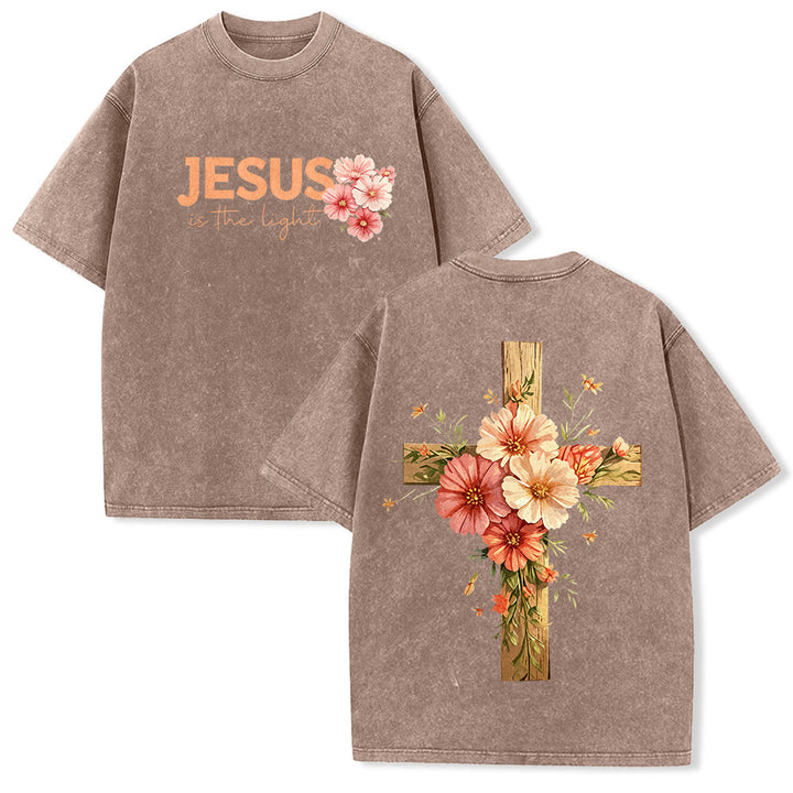 Christianartworkshop T-shirt unisexe délavé avec motif floral et croix double face « Jésus est la lumière » - Brun - 5XL - image 13