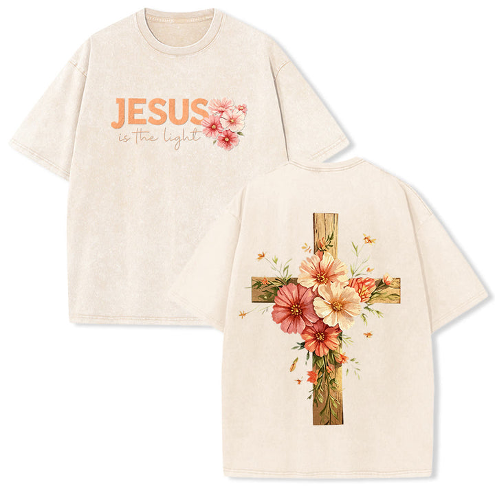 Christianartworkshop T-shirt unisexe délavé avec motif floral et croix double face « Jésus est la lumière » - Beige - 5XL - image 16