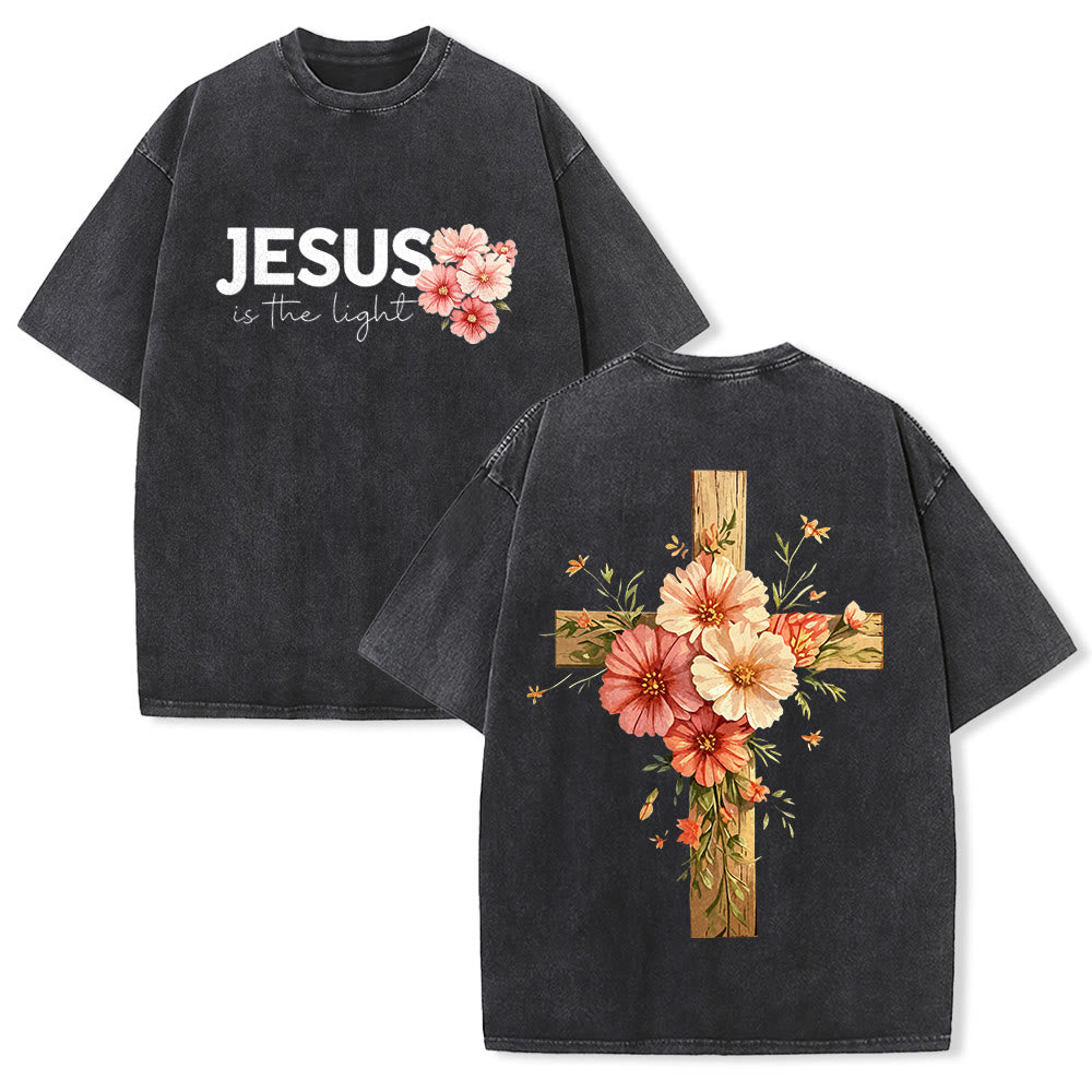 Christianartworkshop T-shirt unisexe délavé avec motif floral et croix double face « Jésus est la lumière » - Noir - 5XL - image 1