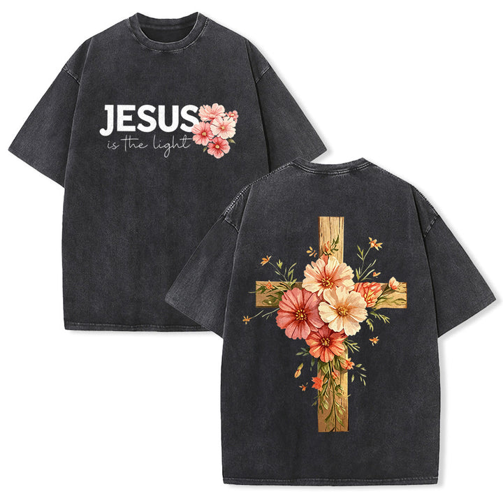 Christianartworkshop T-shirt unisexe délavé avec motif floral et croix double face « Jésus est la lumière » - Noir - 5XL - image 1