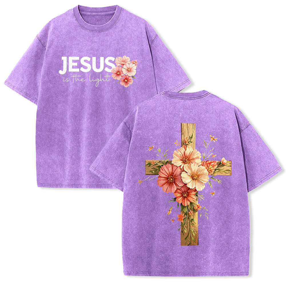 Christianartworkshop T-shirt unisexe délavé avec motif floral et croix double face « Jésus est la lumière » - Violet - 5XL - image 22