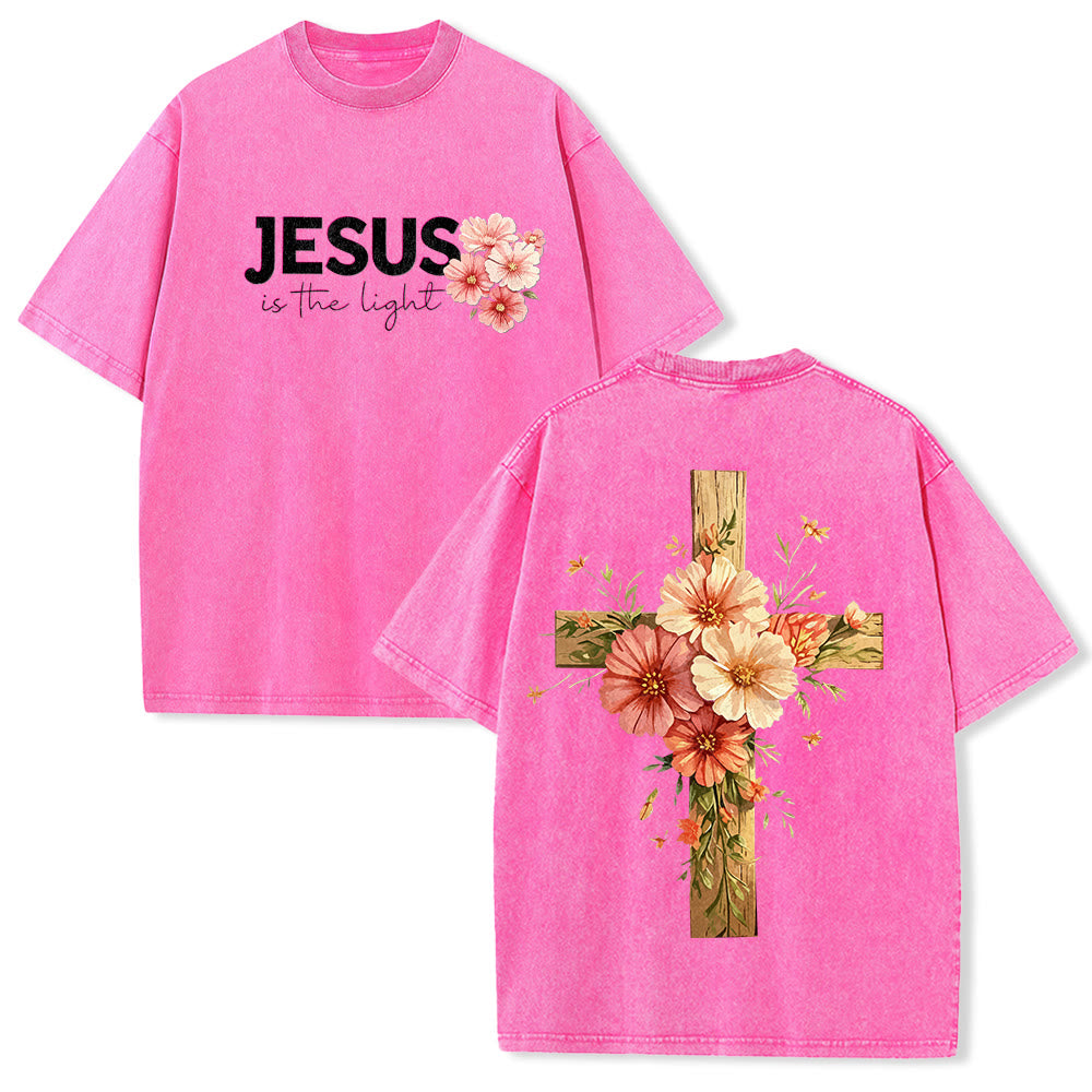 Christianartworkshop T-shirt unisexe délavé avec motif floral et croix double face « Jésus est la lumière » - Rose - 5XL - image 19