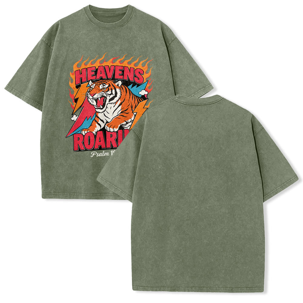 Christianartworkshop T-shirt unisexe rétro délavé « Tigre rugissant des cieux, flamme et éclair, Psaume 19:1 » - Vert armée - 5XL - image 10