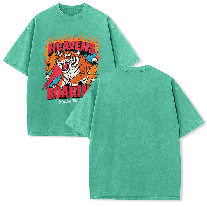 Christianartworkshop T-shirt unisexe rétro délavé « Tigre rugissant des cieux, flamme et éclair, Psaume 19:1 » - Vert - 5XL - image 13