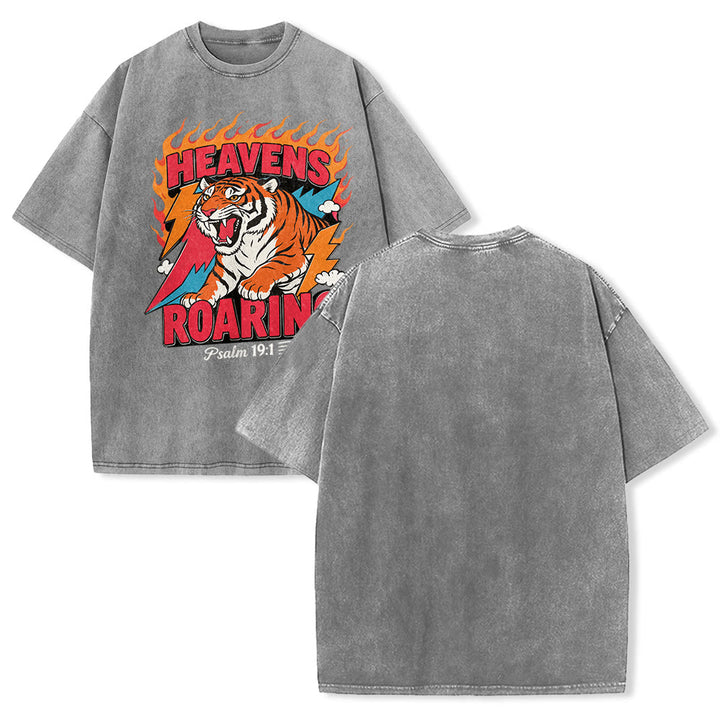 Christianartworkshop T-shirt unisexe rétro délavé « Tigre rugissant des cieux, flamme et éclair, Psaume 19:1 » - Gris - 5XL - image 7