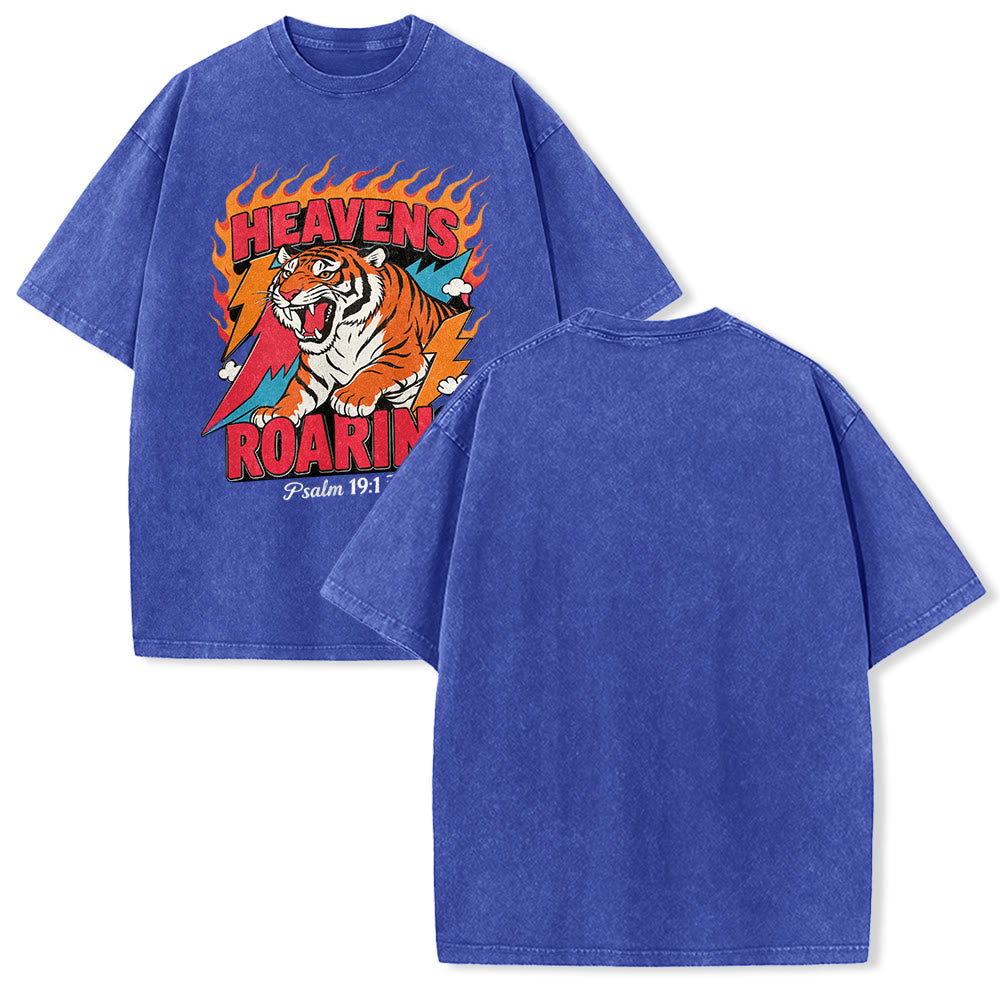 Christianartworkshop T-shirt unisexe rétro délavé « Tigre rugissant des cieux, flamme et éclair, Psaume 19:1 » - Bleu - 5XL - image 1