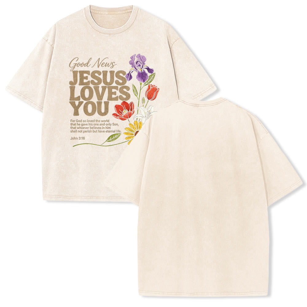 Christianartworkshop T-shirt unisexe vintage délavé « Bonne nouvelle, Jésus vous aime » à motif floral varié, Jean 3:16 - Beige - 5XL - image 1