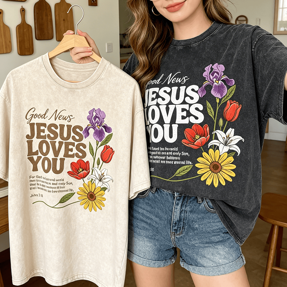 Christianartworkshop T-shirt unisexe vintage délavé « Bonne nouvelle, Jésus vous aime » à motif floral varié, Jean 3:16 - image 0