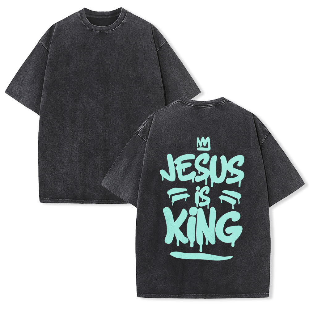 Christianartworkshop T-shirt unisexe vintage délavé avec imprimé couronne graffiti « Jésus est roi » au dos - Noir - 5XL - image 1