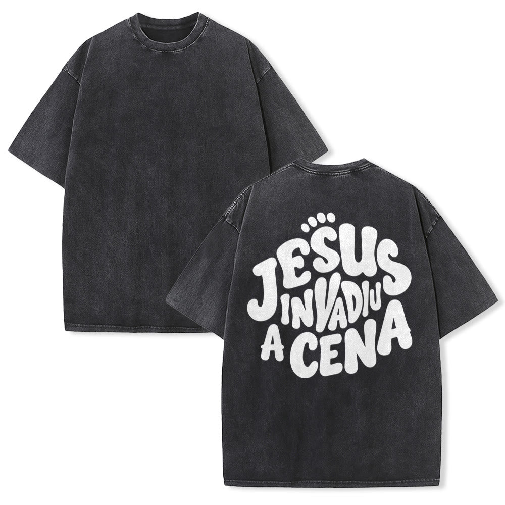 Christianartworkshop T-shirt unisexe vintage délavé avec impression au dos de la lettre « Jesus Invadiu A Cena » - Noir - 5XL - image 1