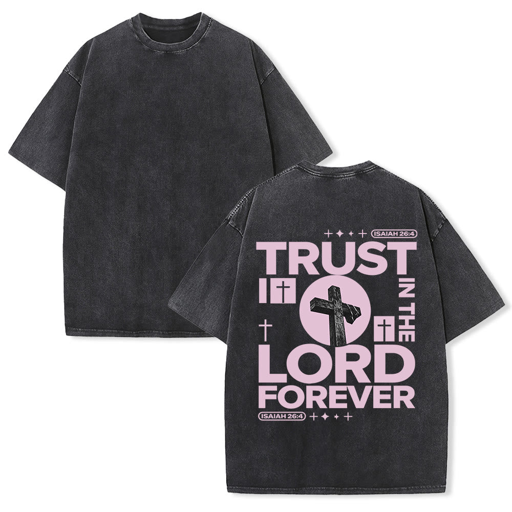 Christianartworkshop T-shirt unisexe vintage délavé avec croix et étoile imprimée au dos « Confiance en le Seigneur pour toujours » - Noir - 5XL - image 1
