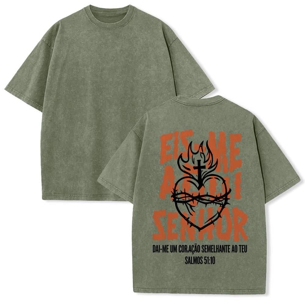 Christianartworkshop T-shirt unisexe délavé avec motif spirituel portugais : épine, cœur sacré, croix et flamme au dos - Vert armée - 5XL - image 16