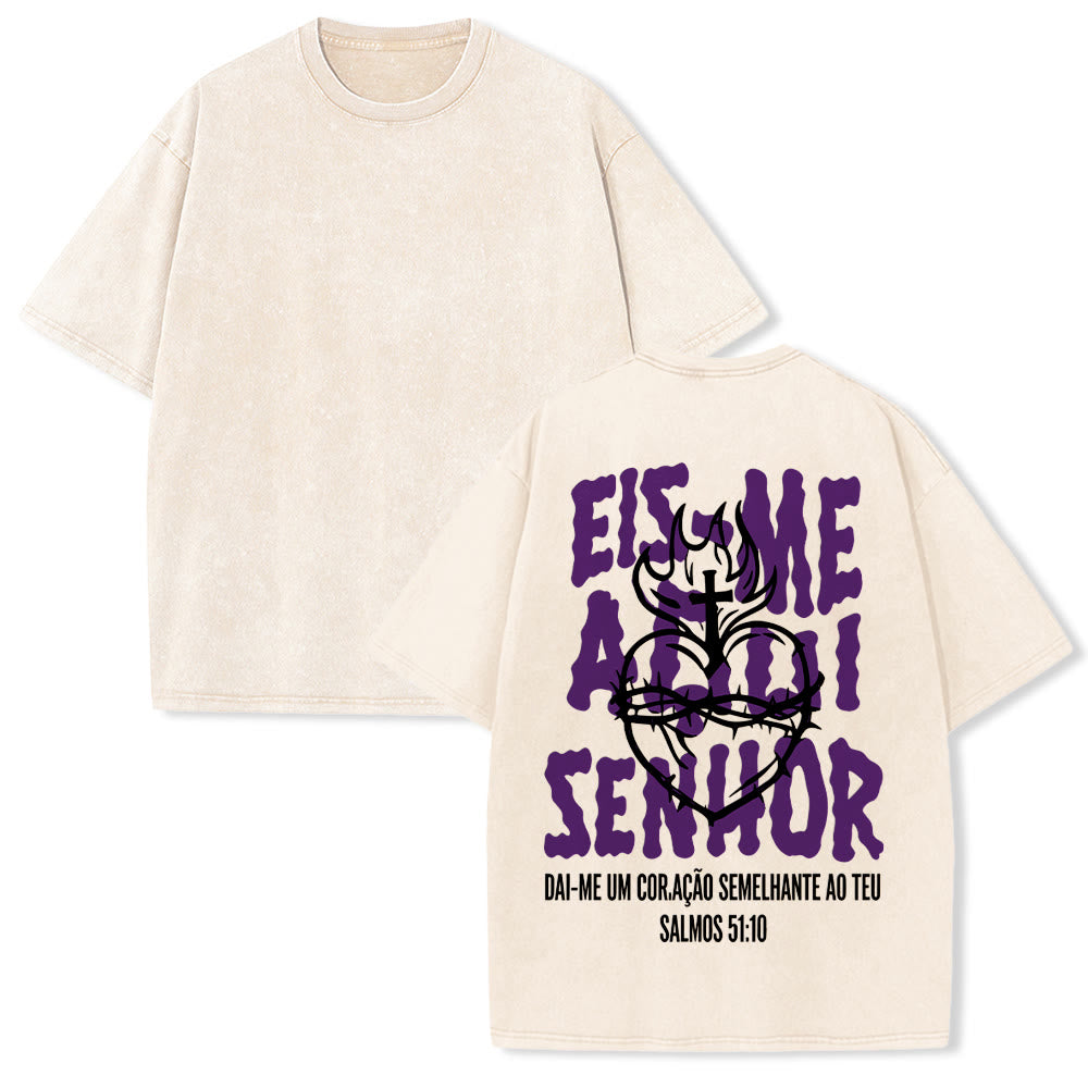 Christianartworkshop T-shirt unisexe délavé avec motif spirituel portugais : épine, cœur sacré, croix et flamme au dos - Beige - 5XL - image 1