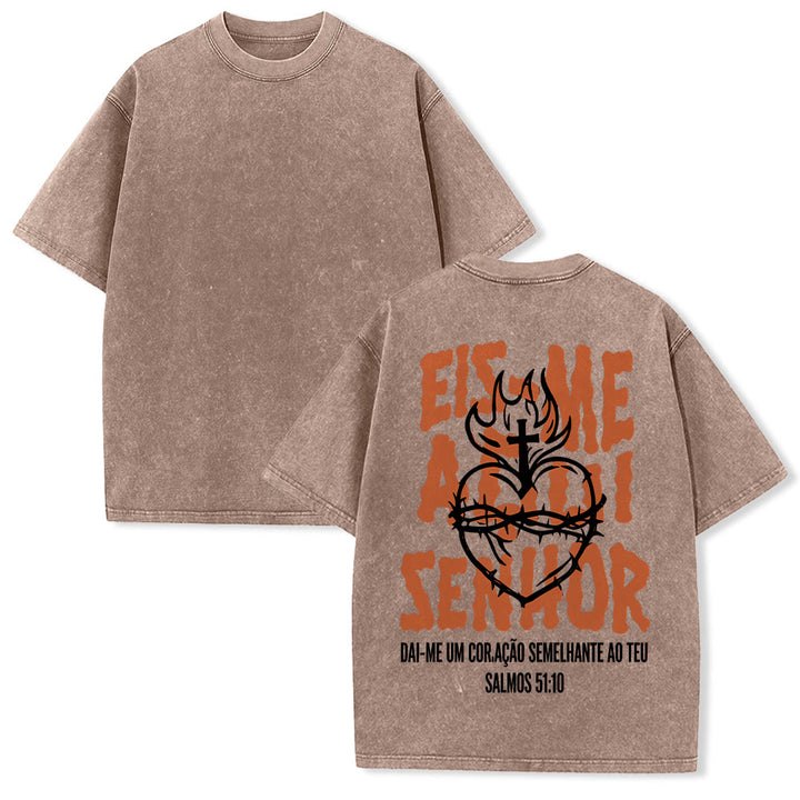 Christianartworkshop T-shirt unisexe délavé avec motif spirituel portugais : épine, cœur sacré, croix et flamme au dos - Brun - 5XL - image 19