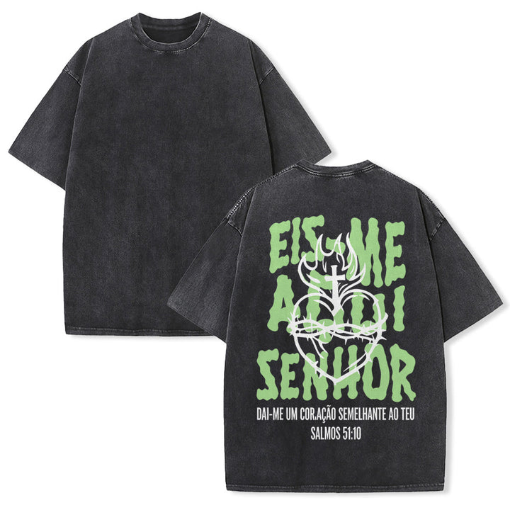 Christianartworkshop T-shirt unisexe délavé avec motif spirituel portugais : épine, cœur sacré, croix et flamme au dos - Noir - 5XL - image 4