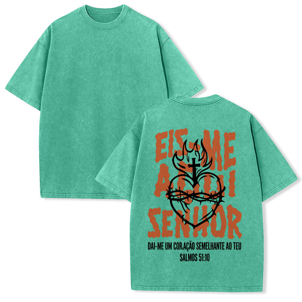 Christianartworkshop T-shirt unisexe délavé avec motif spirituel portugais : épine, cœur sacré, croix et flamme au dos - Vert - 5XL - image 13