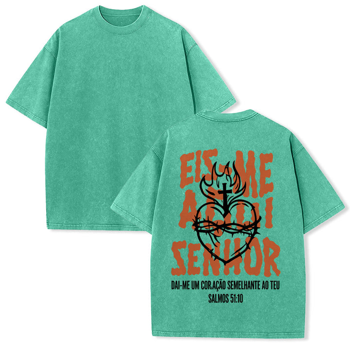 Christianartworkshop T-shirt unisexe délavé avec motif spirituel portugais : épine, cœur sacré, croix et flamme au dos - Vert - 5XL - image 13
