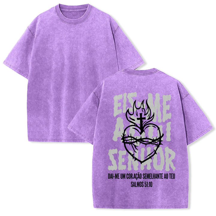 Christianartworkshop T-shirt unisexe délavé avec motif spirituel portugais : épine, cœur sacré, croix et flamme au dos - Violet - 5XL - image 22