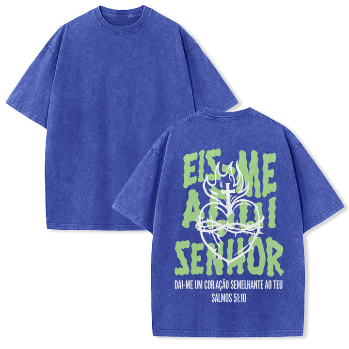 Christianartworkshop T-shirt unisexe délavé avec motif spirituel portugais : épine, cœur sacré, croix et flamme au dos - Bleu - 5XL - image 10