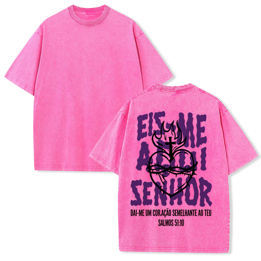 Christianartworkshop T-shirt unisexe délavé avec motif spirituel portugais : épine, cœur sacré, croix et flamme au dos - Rose - 5XL - image 7