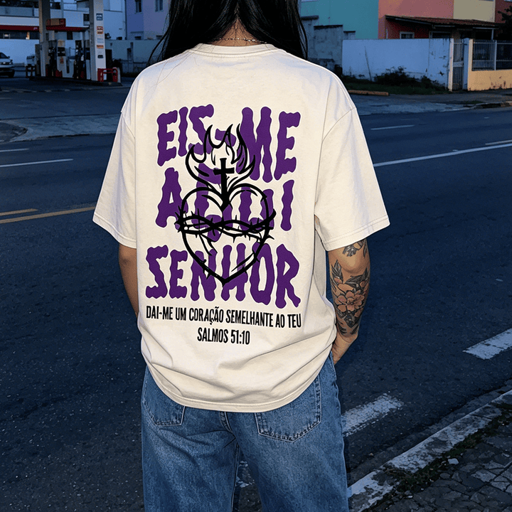 Christianartworkshop T-shirt unisexe délavé avec motif spirituel portugais : épine, cœur sacré, croix et flamme au dos - image 0