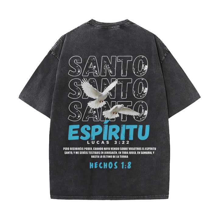 Christianartworkshop T-shirt unisexe délavé avec slogan espagnol du Saint-Esprit, double colombe, police vieillie au dos - image 5