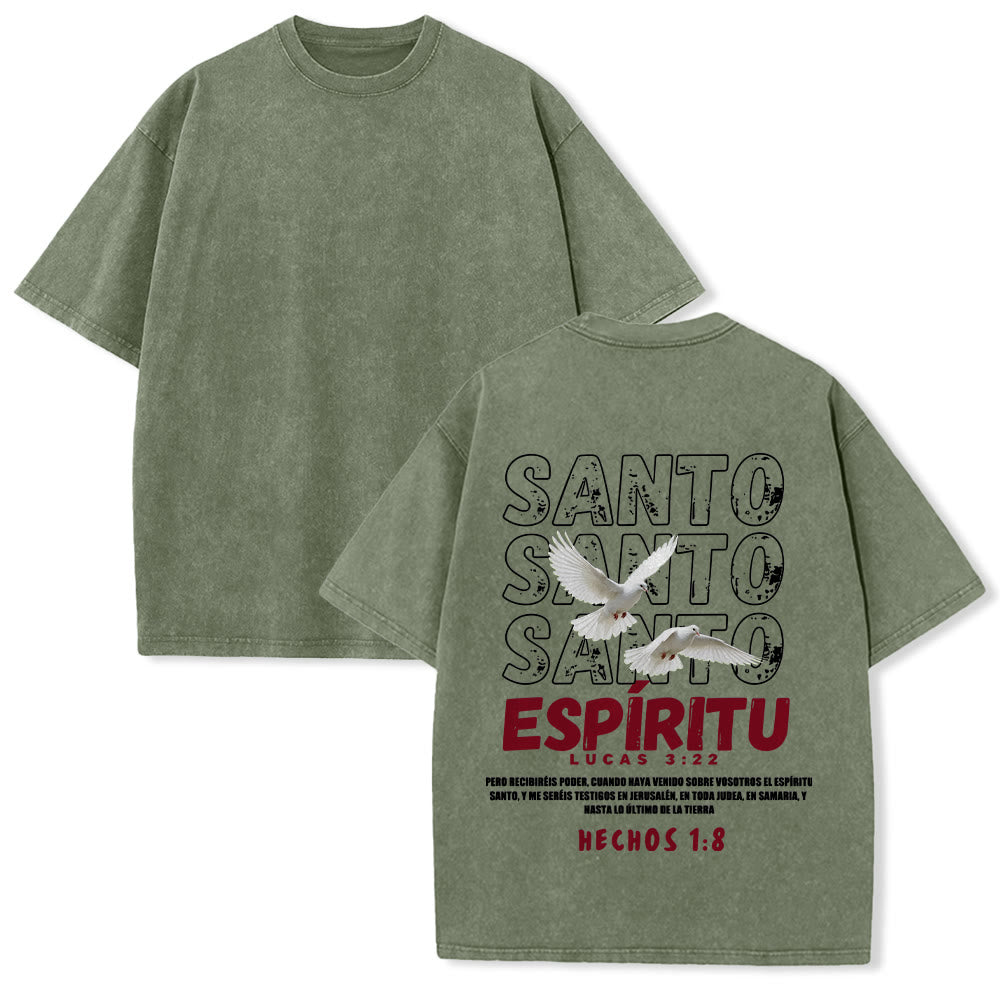 Christianartworkshop T-shirt unisexe délavé avec slogan espagnol du Saint-Esprit, double colombe, police vieillie au dos - Vert armée - 5XL - image 16