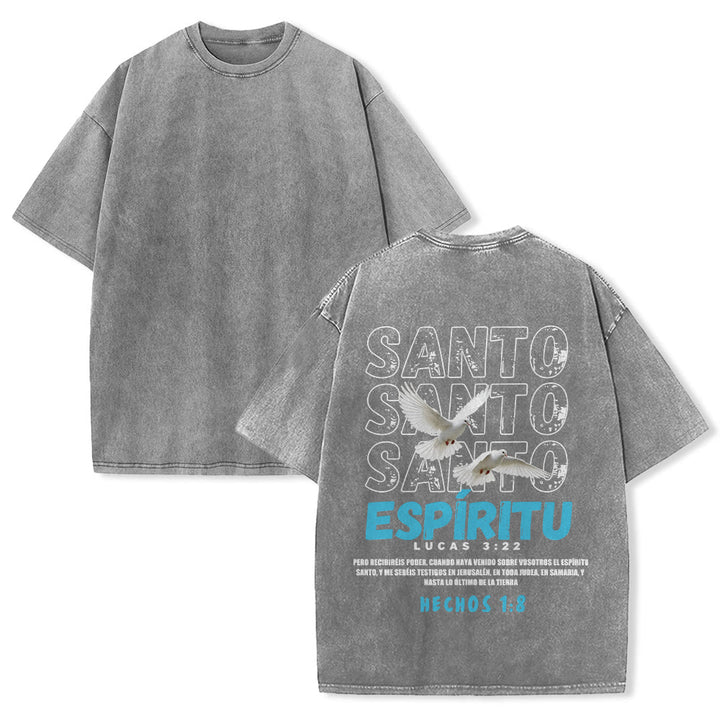 Christianartworkshop T-shirt unisexe délavé avec slogan espagnol du Saint-Esprit, double colombe, police vieillie au dos - Gris - 5XL - image 13