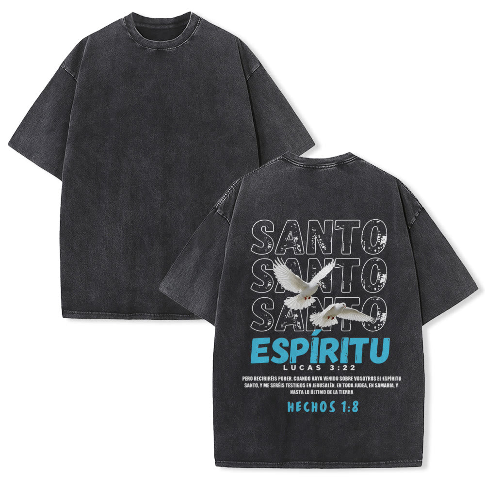 Christianartworkshop T-shirt unisexe délavé avec slogan espagnol du Saint-Esprit, double colombe, police vieillie au dos - Noir - 5XL - image 4